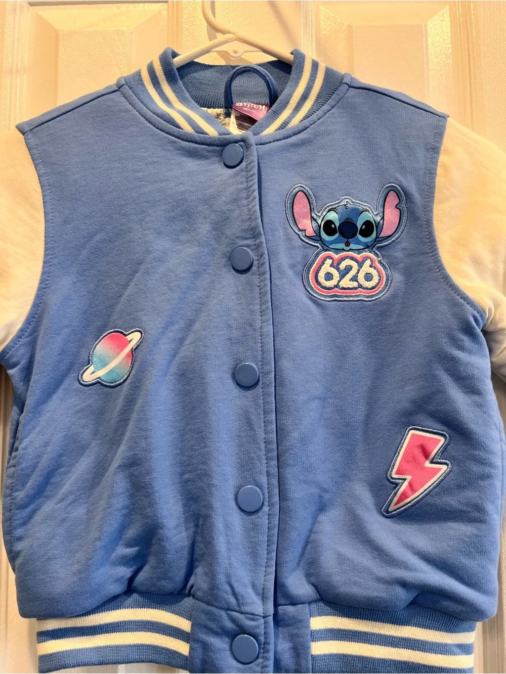 Disney Lilo & Stitch Kids Varsity Bomber Jacket Blue White Size 6 Patch Coat